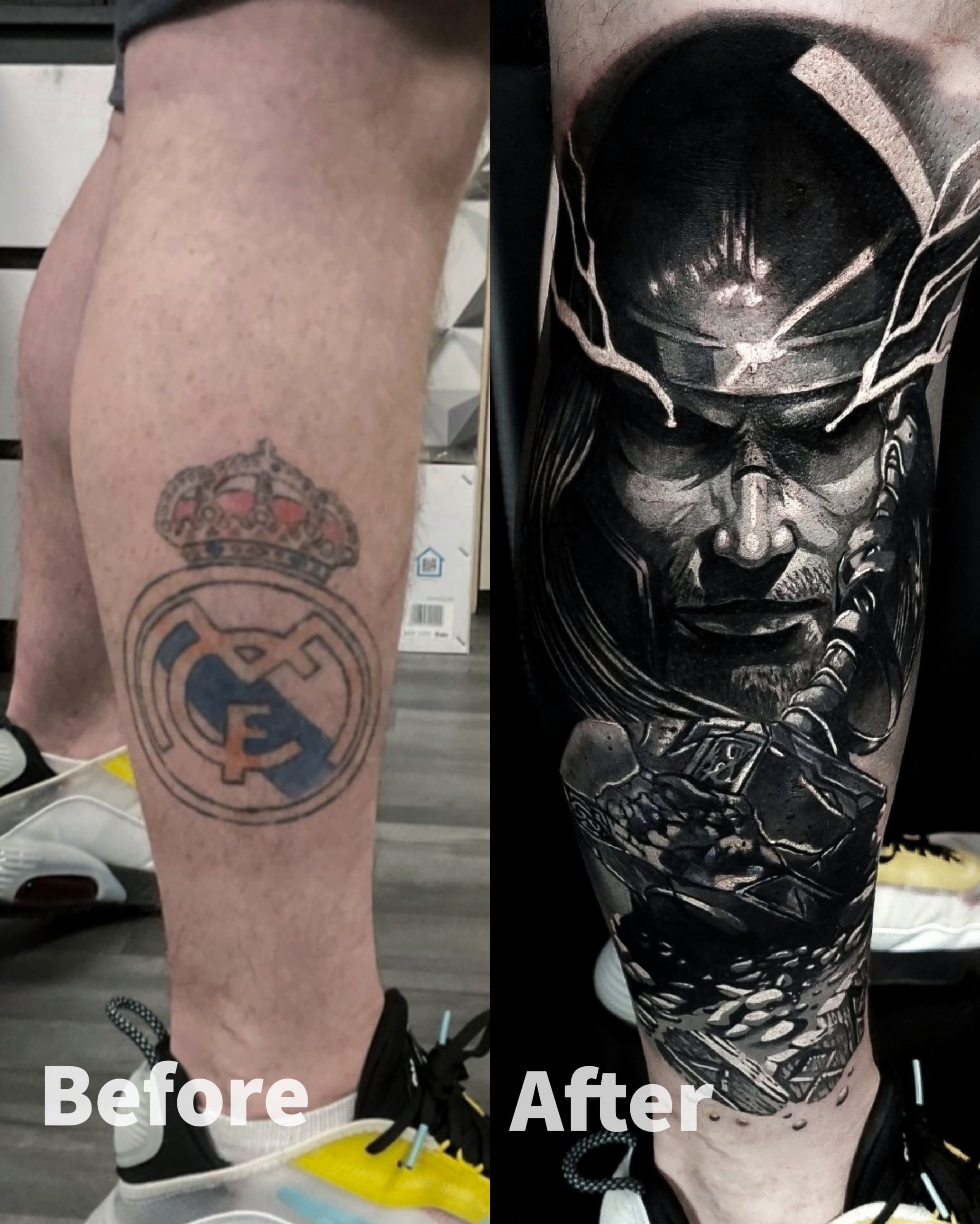 Cover up herbu Real Madryt na lydce — realistyczny portret wikinga wojownika