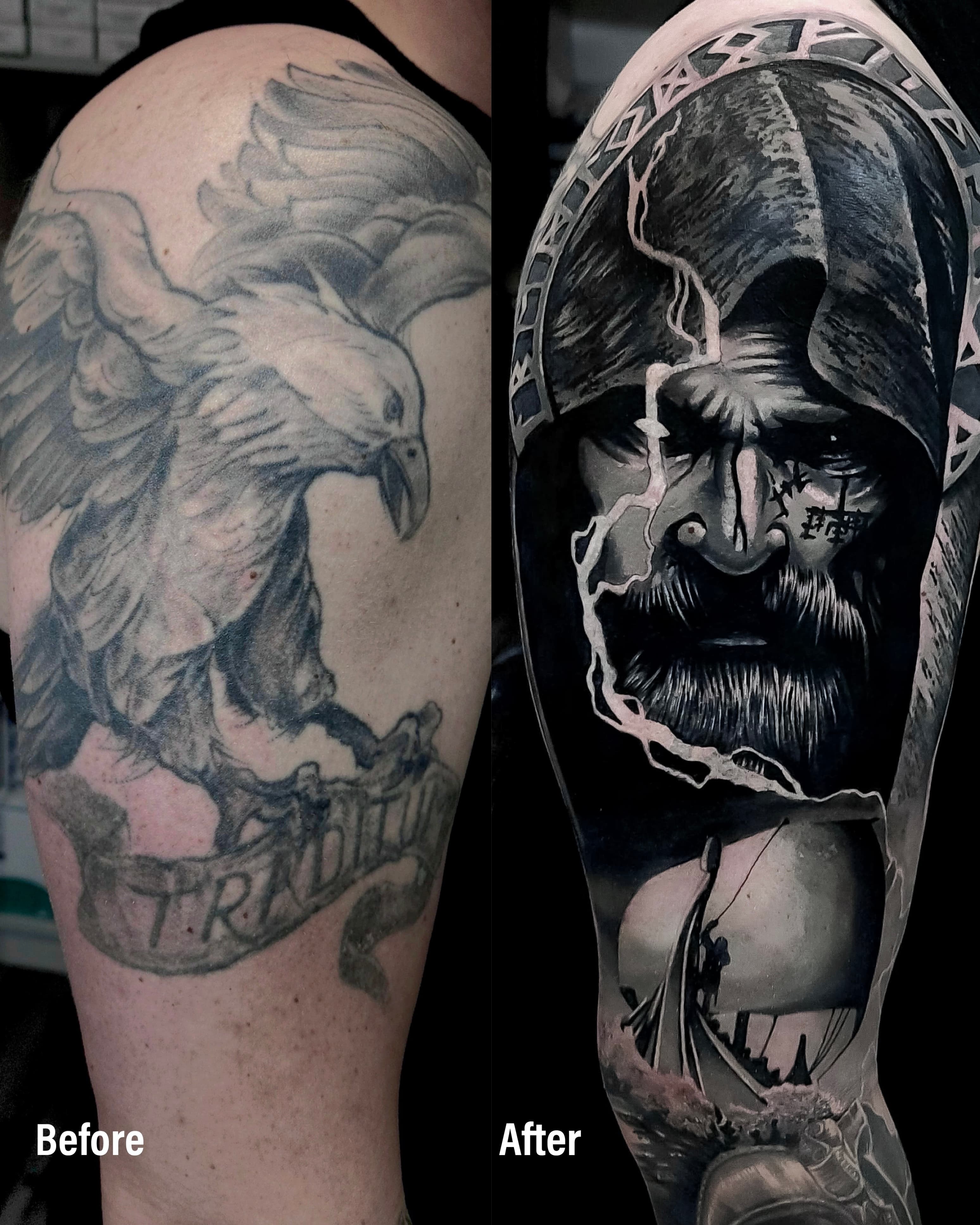 Cover up tatuazu orla na ramieniu — wiking z piorunami i runicznym napisem