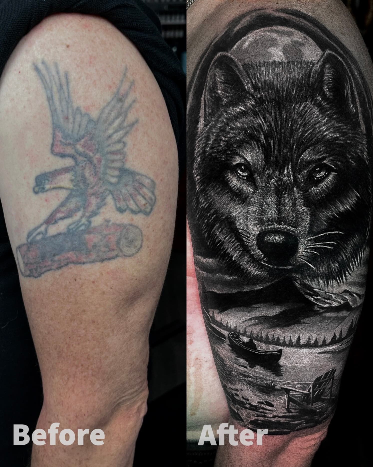 Cover up orla na ramieniu — realistyczny portret wilka z gorskim krajobrazem i ksiezycem