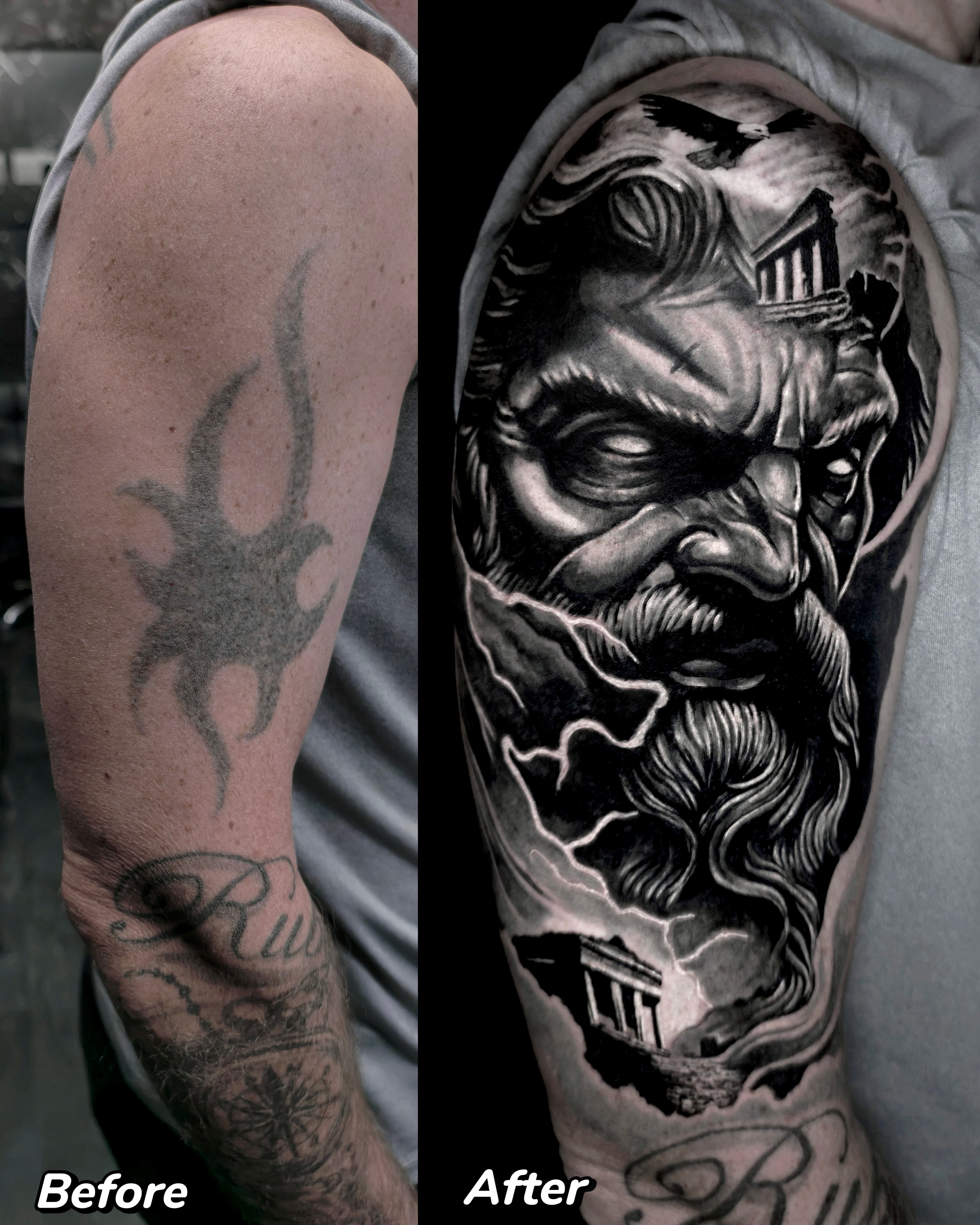 Cover up slonca i tribala na ramieniu — potezny Zeus z ruinami Partenonu i blyskawicami