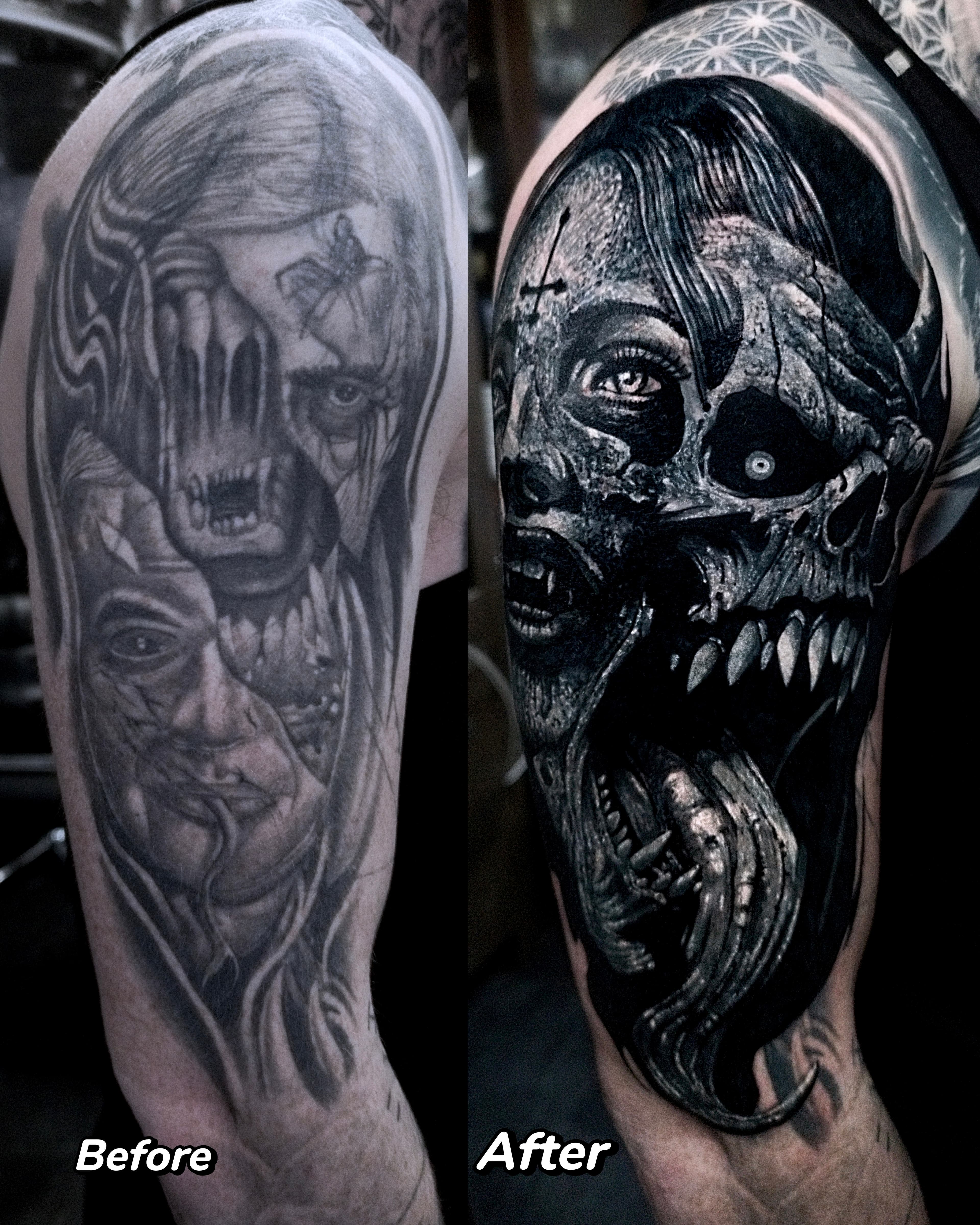 Cover up starych tatuazy na ramieniu — zombie kobieta z obnazonym zebami i jednym okiem