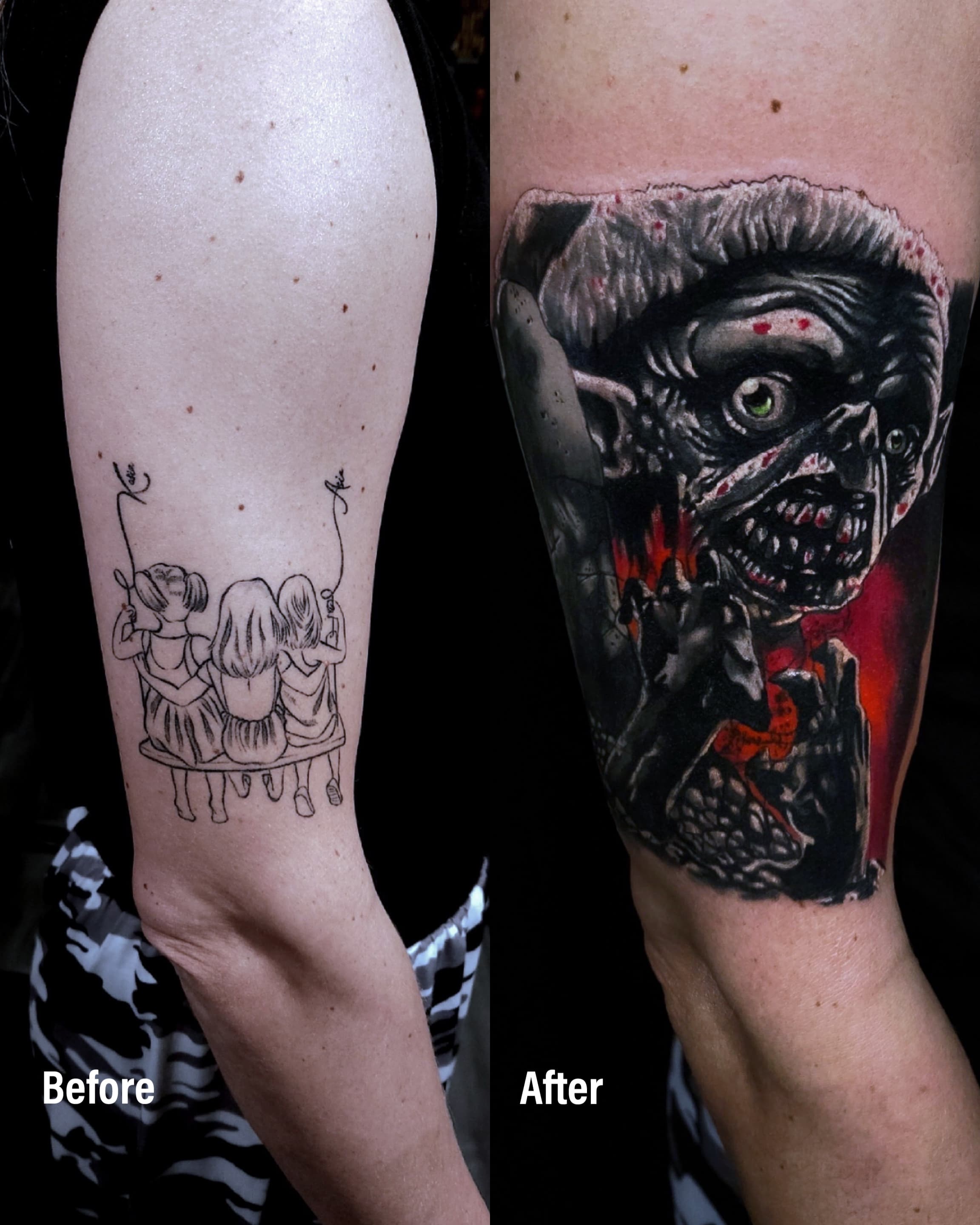 Cover up tatuazu dziewczyn na przedramieniu — zombie potwor z zielonym okiem i czerwonymi akcentami
